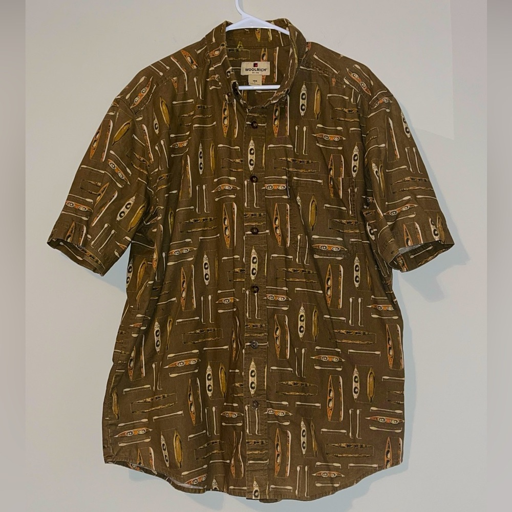 Woolrich Men's Kayak Large Collared Short Sleeve Button Down Shirt Beach Lake